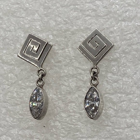 Vtg Sterling Silver Geometric Square Spiral Marquis Cz Dangle Stud Earrings 1.1” - Picture 4 of 9